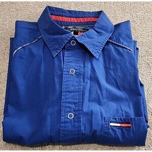 2001 Tommy Hilfiger Men Sz L Blue ShortSleeve Button-Up Shirt Y2K Large Call out